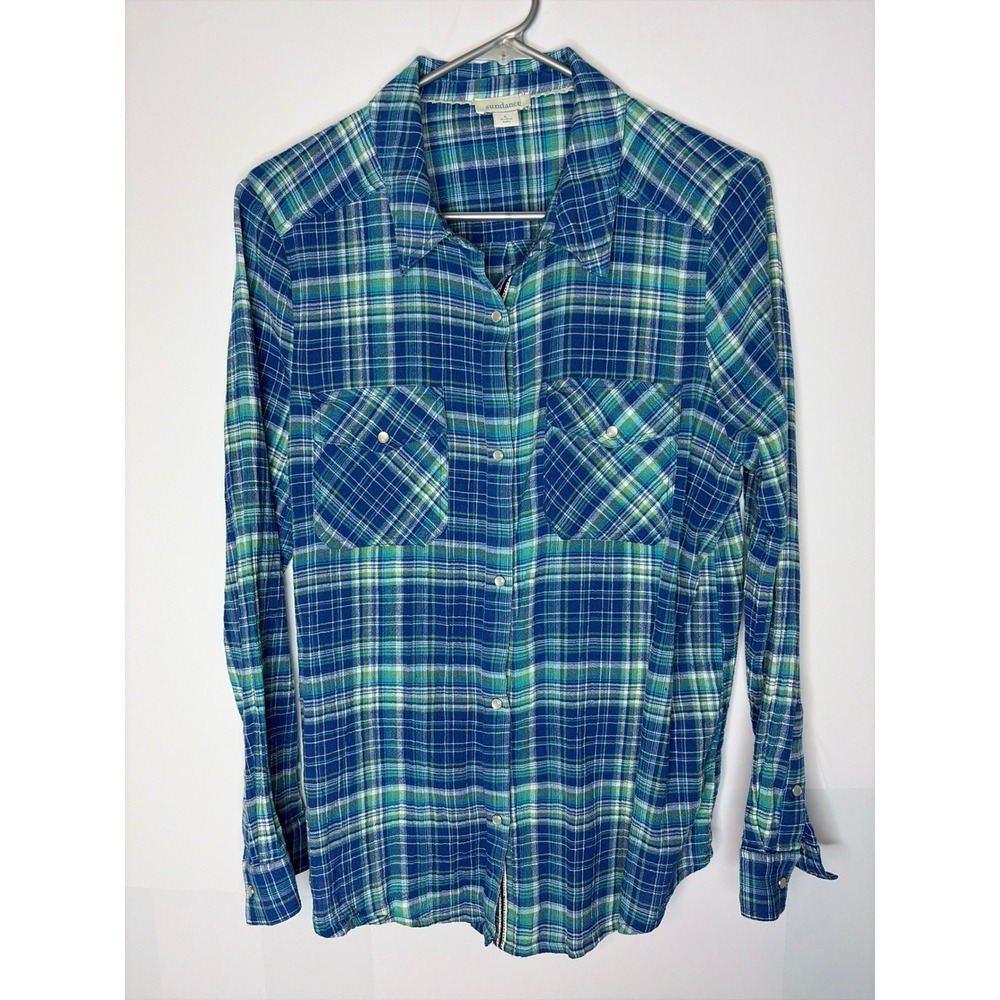 Sundance Plaid Button Down Shirt Large Boho Blue Green Cotton Long Sleeve Top